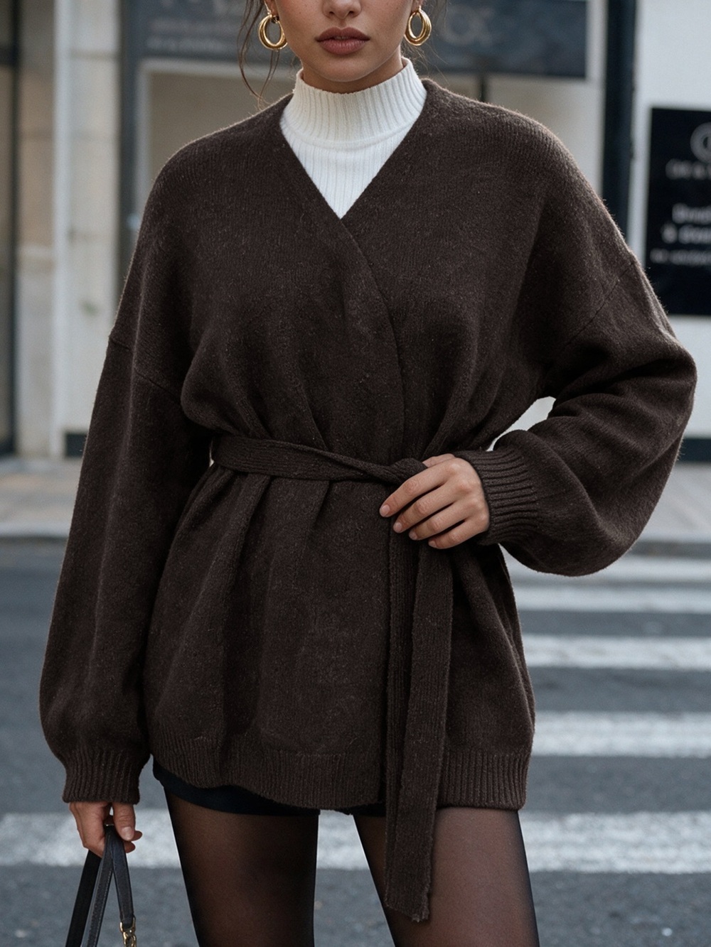 Tie Waist Dropped Shoulder Wrap Cardigan